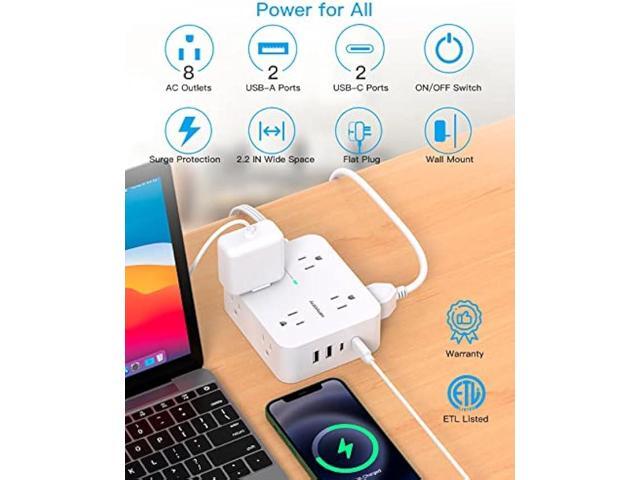 Flat Extension Cord, 5 Ft Ultra Thin Flat Plug Power Strip Surge Protector, 8 Widely Outlet Extender 4 USB Ports(2USB C),1080J Multi Plug Outlet...