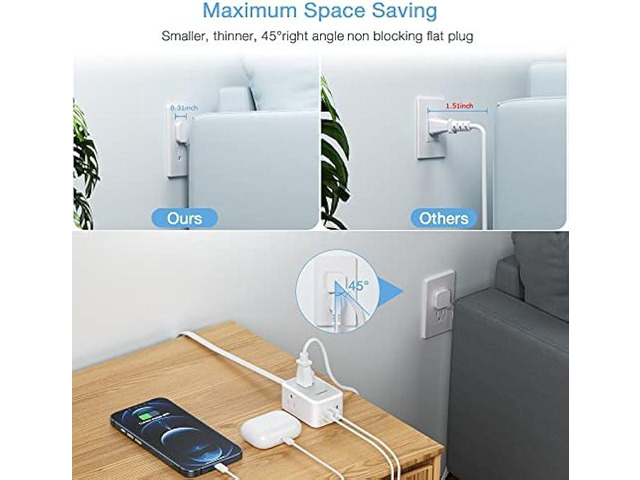 Small Flat Plug Power Strip, TESSAN Ultra Thin Extension Cord with 3 USB Wall Charger (1 USB C), 3 Outlets Mini Charging Station, 5 ft Slim Plug...
