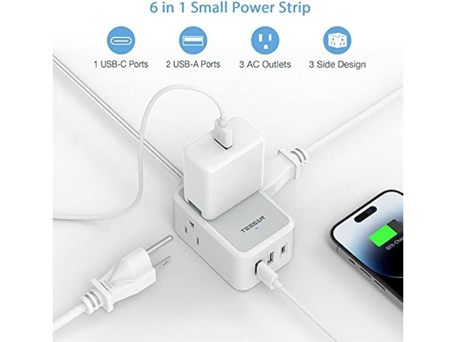 Small Flat Plug Power Strip, TESSAN Ultra Thin Extension Cord with 3 USB Wall Charger (1 USB C), 3 Outlets Mini Charging Station, 5 ft Slim Plug...