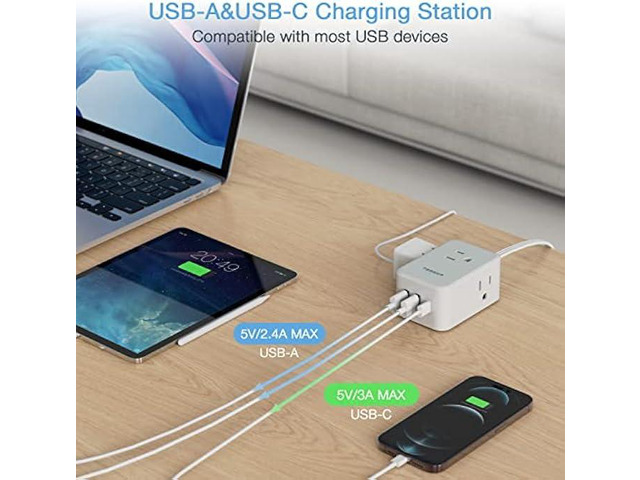 Small Flat Plug Power Strip, TESSAN Ultra Thin Extension Cord with 3 USB Wall Charger (1 USB C), 3 Outlets Mini Charging Station, 5 ft Slim Plug...