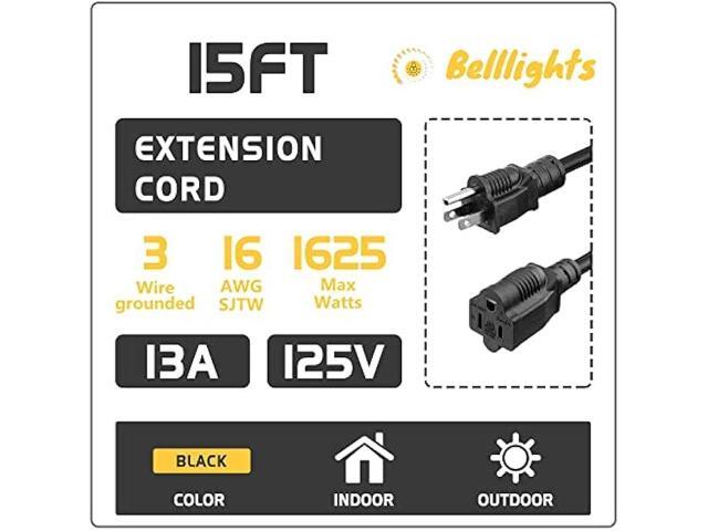 2-Pack 15ft Extension Cord Outdoor Belllights 16 SJTW AWG Heavy Duty Power Cord 3 Prong, NEMA 5-15P to NEMA 5-15R, Power Cable for Indoor and...