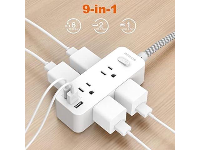 Power Strip Surge Protector, 5Ft Extension Cord, 6 Outlets with 3 USB Ports(1 USB C Outlet), 3-Side Outlet Extender, Wall Mount, Compact for...