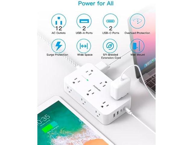 Power Strip Surge Protector, 12 Multiplie Outlets 4 USB Ports (2USB C), 5Ft Braided Extension Cord Flat Plug, Overload Surge Protection, Wall...