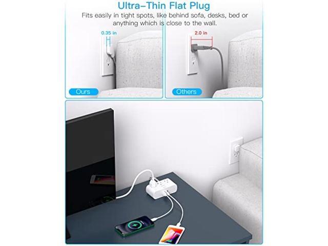 Flat Plug Power Strip, 6 Ft Ultra Thin Flat Extension Cord, 3 Outlets 3 USB Ports(2 USB C) Multi Plug Outlet Extender, Power Strip with No Surge...