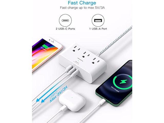 Flat Plug Power Strip, 6 Ft Ultra Thin Flat Extension Cord, 3 Outlets 3 USB Ports(2 USB C) Multi Plug Outlet Extender, Power Strip with No Surge...