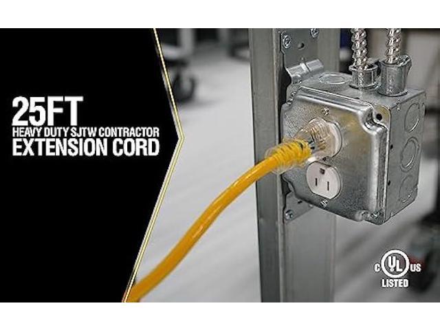 Yellow Jacket 2883 12/3 Heavy-Duty 15-Amp SJTW Contractor Extension Cord with Lighted Ends; 25-Feet