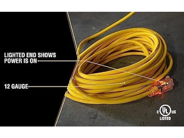 Yellow Jacket 2883 12/3 Heavy-Duty 15-Amp SJTW Contractor Extension Cord with Lighted Ends; 25-Feet