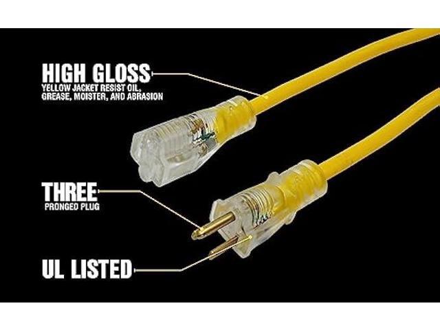 Yellow Jacket 2883 12/3 Heavy-Duty 15-Amp SJTW Contractor Extension Cord with Lighted Ends; 25-Feet
