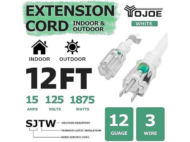 YOJOE 12 Foot White Extension Cord, Lighted Outdoor 12/3 Cord, 12 Gauge 3 Prong SJTW Heavy Duty Extension Cable with 3 Prong Grounded Plug for...