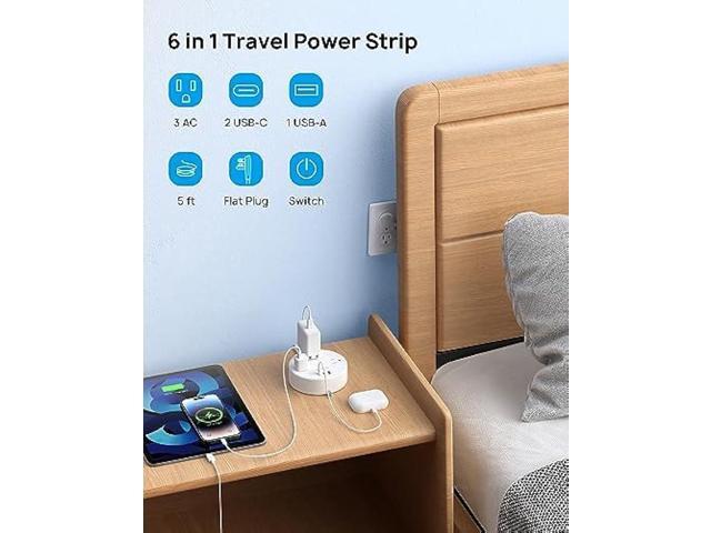 Travel Power Strip - TROND Retractable Power Strip with 3 AC Outlets 3 USB Ports (2 USB C), Ultra Thin Flat Plug 5ft Retractable Extension Cord,...