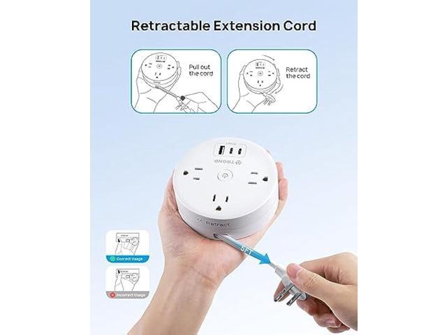 Travel Power Strip - TROND Retractable Power Strip with 3 AC Outlets 3 USB Ports (2 USB C), Ultra Thin Flat Plug 5ft Retractable Extension Cord,...