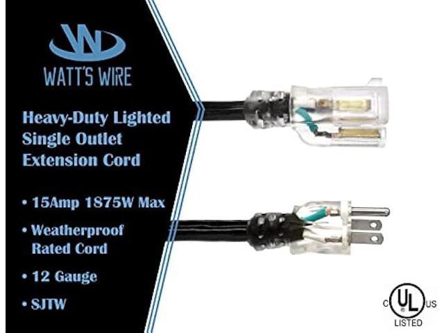 25 ft - 12 Gauge Heavy Duty Lighted SJTW Indoor/Outdoor Black Extension Cord by Watt's Wire - 25' 12-Gauge Grounded 15-Amp Power-Cord (25 Foot...