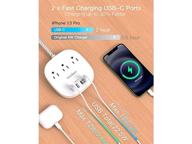 Flat Plug Power Strip, 5ft Ultra Flat Extension Cord - 3 Outlets 4 USB Ports (2 USB C) 22.5W/4.5A Desktop Charging Station, Power Strip No Surge...