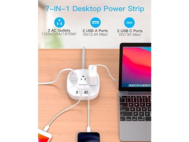Flat Plug Power Strip, 5ft Ultra Flat Extension Cord - 3 Outlets 4 USB Ports (2 USB C) 22.5W/4.5A Desktop Charging Station, Power Strip No Surge...