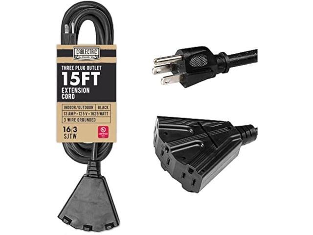 15FT Outdoor Extension Cord with Power Block - 16/3 Black SJTW - Cable with 3 Prong Grounded Safety Lighted Plug