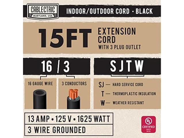 Cablectric 15 Foot Outdoor Extension Cord with 3 Power Outlets - 16/3 SJTW Black 16 Gauge Electrical Cable with 3 Prong Grounded Plug