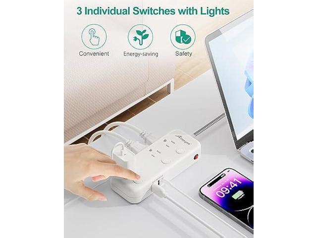 Individual Switch Power Strip with 6 Outlets 3 USB(17W USB C), 5Ft Braided Cord Ultra Thin Flat Plug, 13A Wall Mount Extension Cord with Circuit...