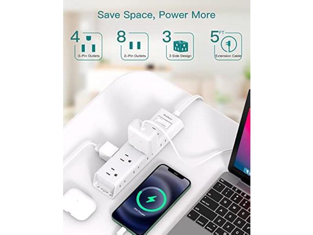 Flat Plug Power Strip, Ultra Thin Flat Extension Cord - Addtam 12 Widely AC 3 Sides Multiple Outlets, 5Ft, 900J Surge Protector, Wall Mount, Desk...