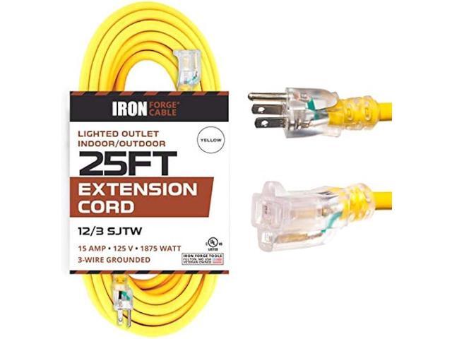 IRON FORGE CABLE 25 ft Lighted Outdoor Extension Cord - 12/3 SJTW Heavy Duty Yellow Extension Cable Extension Cable with 3 Prong Grounded Plug for...