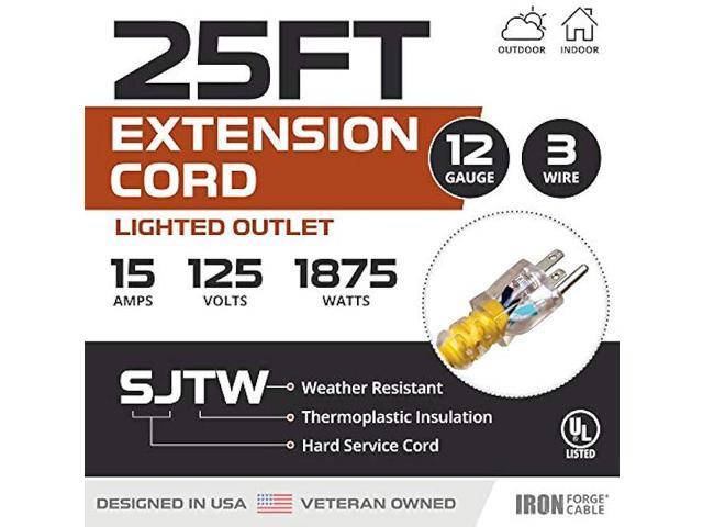 IRON FORGE CABLE 25 ft Lighted Outdoor Extension Cord - 12/3 SJTW Heavy Duty Yellow Extension Cable Extension Cable with 3 Prong Grounded Plug for...