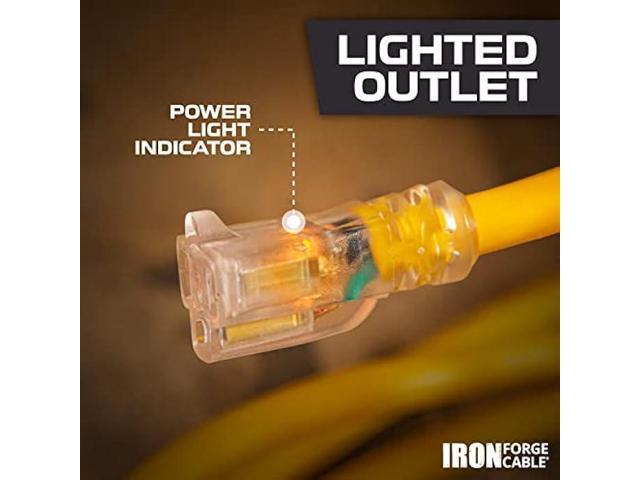 IRON FORGE CABLE 25 ft Lighted Outdoor Extension Cord - 12/3 SJTW Heavy Duty Yellow Extension Cable Extension Cable with 3 Prong Grounded Plug for...