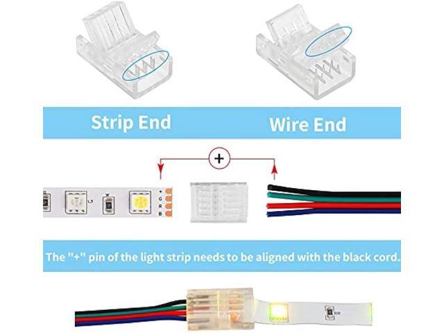 4Pin LED Strip Connectors Solderless 10 Pcs with 16.4ft Extension Cable 4 Conductor for Waterproof or Non-Waterproof 10mm Wide RGB LED Strip Lights