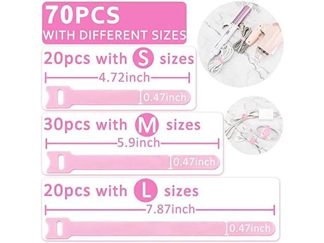 70pcs Computer Cable Ties, Wire Ties, Cord Ties Reusable for Electronics, Hook and Loop Microfiber Cable Ties Extension for Storage, pink, 4, 6, 8...