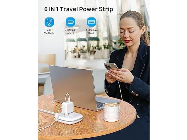 Travel Power Strip - TROND Short Extension Cord with 3 Outlets and 3 USB Ports (2 USB C), 2.6FT Wrapped Around Power Strip, Ultra Thin Flat Plug,...