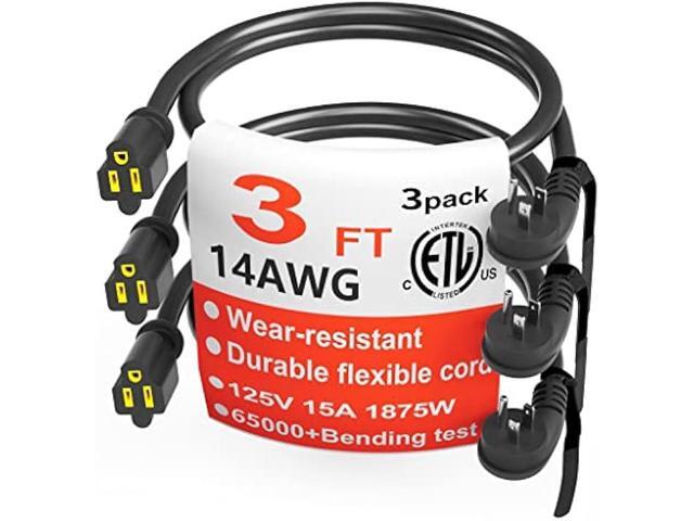 14 Gauge 3 Feet (3 Pack) Flat Plug Extension Cord Black Indoor Outdoor, Heavy Duty 3 Prong Grounded Low Profile Extension Wire Flexible, 15A 1875W...