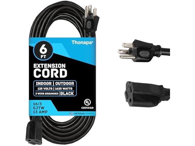 Thonapa 6 Ft Black Outdoor Extension Cord - 16/3 SJTW Weatherproof Water Resistant Electrical Cable with 3 Prong Grounded Plug for Indoor & Outdoor