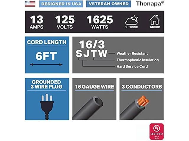 Thonapa 6 Ft Black Outdoor Extension Cord - 16/3 SJTW Weatherproof Water Resistant Electrical Cable with 3 Prong Grounded Plug for Indoor & Outdoor