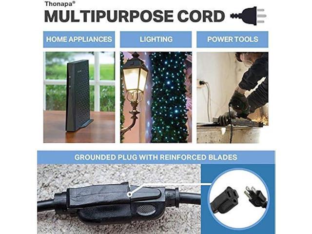 Thonapa 6 Ft Black Outdoor Extension Cord - 16/3 SJTW Weatherproof Water Resistant Electrical Cable with 3 Prong Grounded Plug for Indoor & Outdoor