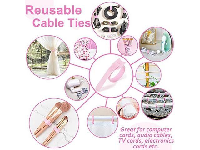 70pcs Computer Cable Ties, Wire Ties, Cord Ties Reusable for Electronics, Hook and Loop Microfiber Cable Ties Extension for Storage, pink, 4, 6, 8...