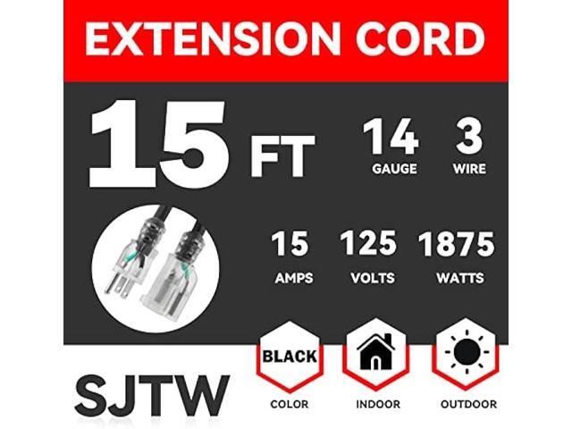 EP 15Ft 14/3 Lighted Outdoor Extension Cord - 14 Gauge 3 Prong SJTW Heavy Duty Black Extension Cable with 3 Prong Grounded Plug for Safety,Great...