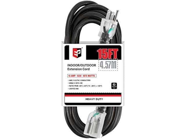 EP 15Ft 14/3 Lighted Outdoor Extension Cord - 14 Gauge 3 Prong SJTW Heavy Duty Black Extension Cable with 3 Prong Grounded Plug for Safety,Great...