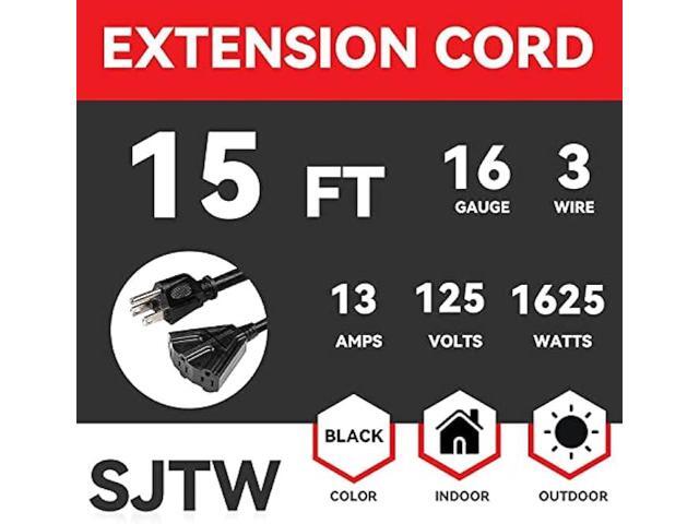 GREATIDE 2 Pack 15 Ft Outdoor Extension Cord with 3 Electrical Power Outlets - 16/3 SJTW Durable Black Cable with 3 Prong Grounded Plug