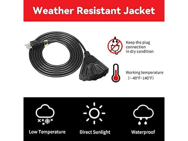 GREATIDE 2 Pack 15 Ft Outdoor Extension Cord with 3 Electrical Power Outlets - 16/3 SJTW Durable Black Cable with 3 Prong Grounded Plug