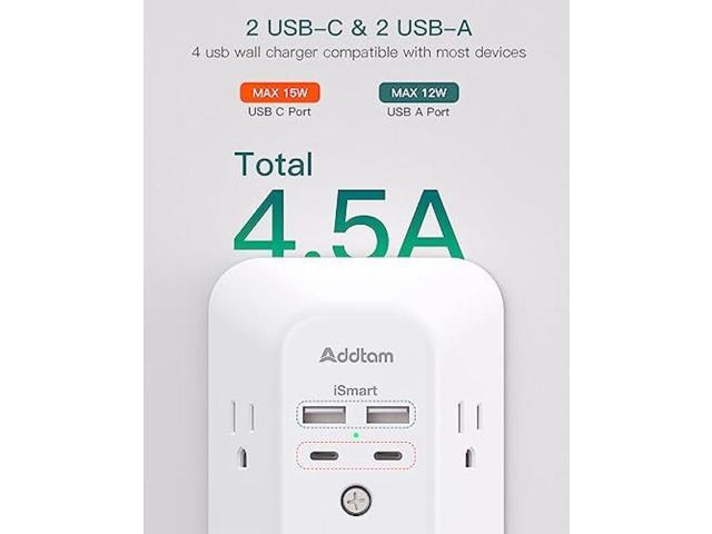 Surge Protector Outlet Extender - Addtam 5-Outlet Splitter with 4 USB Wall Charger(2 USB-C Ports), Multi Plug Outlet Power Strip for Home, Dorm...