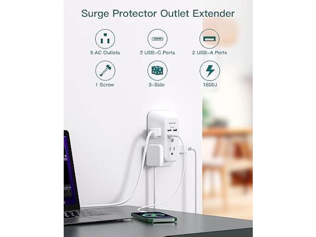 Surge Protector Outlet Extender - Addtam 5-Outlet Splitter with 4 USB Wall Charger(2 USB-C Ports), Multi Plug Outlet Power Strip for Home, Dorm...