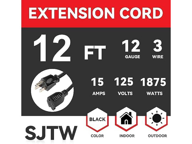 EP 12 Ft Outdoor Extension Cord - 12/3 SJTW Heavy Duty Black Extension Cable with 3 Prong Grounded Plug - Power Cord for Lawn, Garden, Appliances