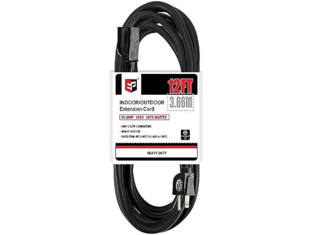 EP 12 Ft Outdoor Extension Cord - 12/3 SJTW Heavy Duty Black Extension Cable with 3 Prong Grounded Plug - Power Cord for Lawn, Garden, Appliances