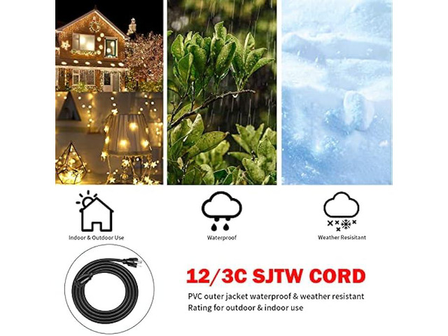 EP 12 Ft Outdoor Extension Cord - 12/3 SJTW Heavy Duty Black Extension Cable with 3 Prong Grounded Plug - Power Cord for Lawn, Garden, Appliances