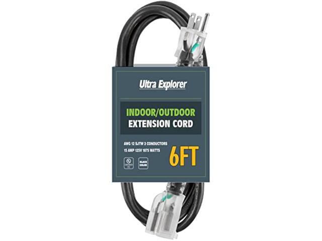 Ultra Explorer 6 Foot Lighted Outdoor Extension Cord - 12/3 SJTW Heavy Duty Black Extension Cable with 3 Prong Grounded Plug for Safety, 15 AMP -...
