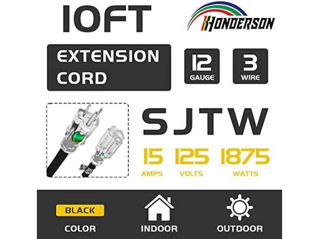 HONDERSON 10FT 12/3 Lighted Outdoor Extension Cord - 12 Gauge 3 Prong SJTW Heavy Duty Black Extension Cable with 3 Prong Grounded Plug for...