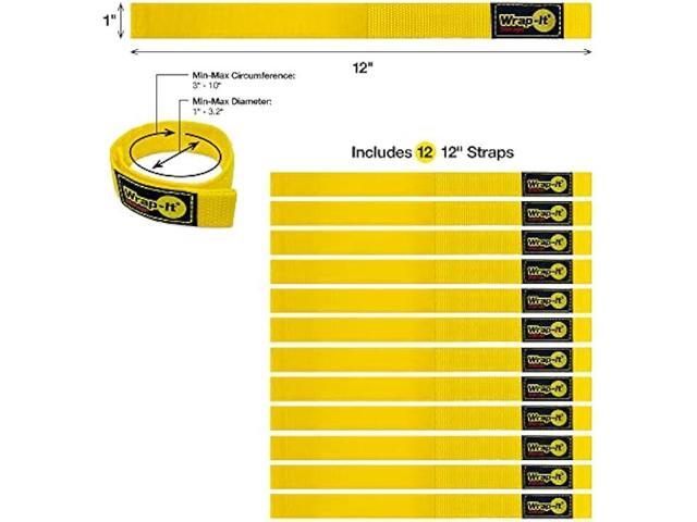 Wrap-It Storage Quick-Strap Cord Wraps, 12 inch (12 Pack) Yellow - Hook and Loop Strap, Extension Cord Holder for Boat Rope, Hose, and Cable...