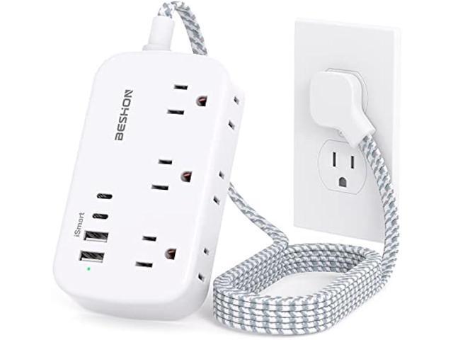 Flat Extension Cord, BESHON 5FT Flat Plug Power Strip with USB C, 6 Outlets 4 USB Port(2 USB C), No Surge Protector, Cruise Ship, Dorm Room Travel...