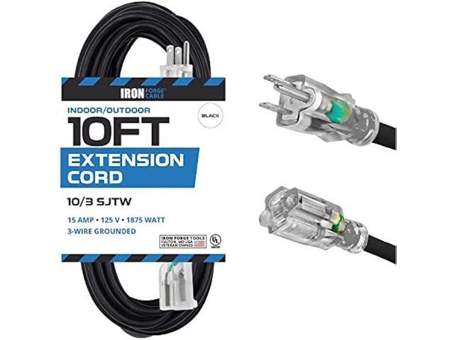 Iron Forge Cable 10 Foot Outdoor Extension Cord - 10/3 SJTW Black 10 Gauge Extension Cable with 3 Prong Grounded Plug for Safety, 15 AMP - Great...