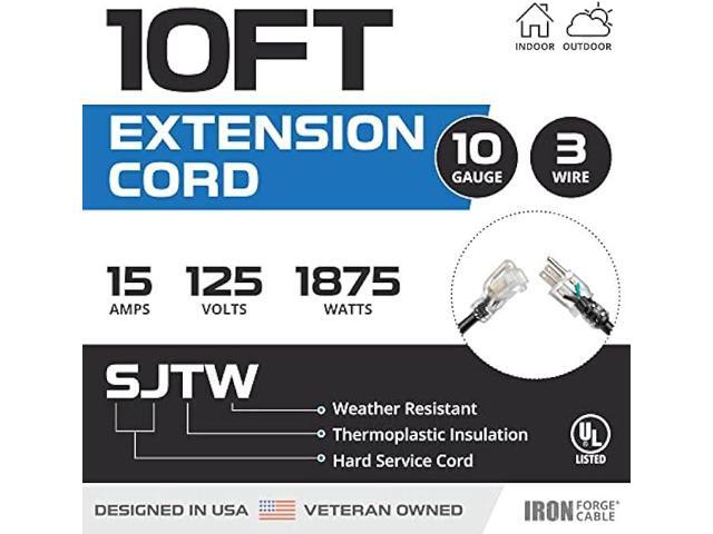 Iron Forge Cable 10 Foot Outdoor Extension Cord - 10/3 SJTW Black 10 Gauge Extension Cable with 3 Prong Grounded Plug for Safety, 15 AMP - Great...