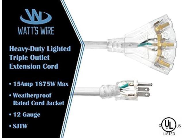 2 ft - 12 Gauge Heavy Duty 3-Outlet Lighted SJTW Indoor/Outdoor White Extension Cord by Watt's Wire - Short 2' 12-Gauge Grounded 15-Amp Power-Cord...