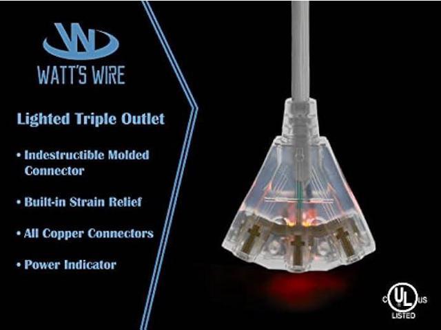 2 ft - 12 Gauge Heavy Duty 3-Outlet Lighted SJTW Indoor/Outdoor White Extension Cord by Watt's Wire - Short 2' 12-Gauge Grounded 15-Amp Power-Cord...